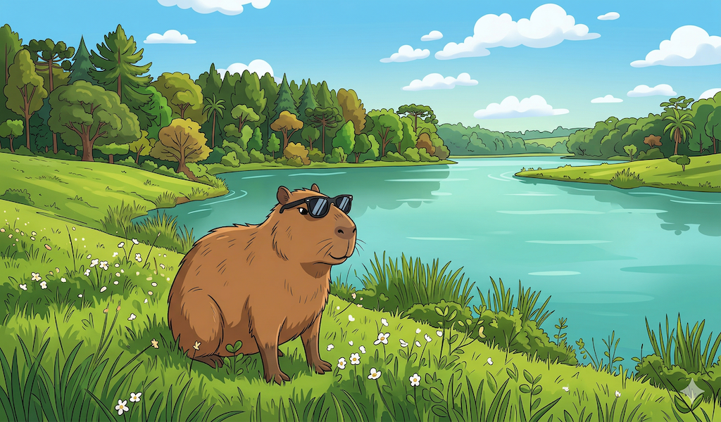 Desenho de capivara de óculos de sol em paisagem natural